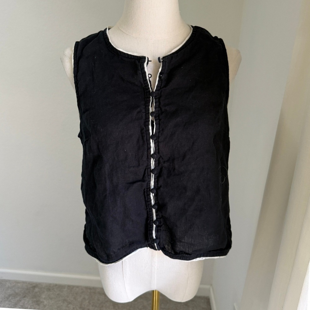 Tahari Black 100% Linen Button Front Vest Top Medium Minimal Elegant Old Money - Picture 2 of 9